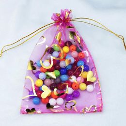 Geschenkwikkeling 100 stcs roze organza -tassen 13x18cm bruiloft voorkeur sieraden boetiek snoeppakketzak hart ontwerp