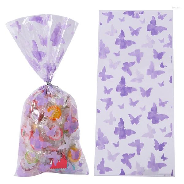 Envoltura de regalo 100 unids mariposa púrpura bolsa de plástico caramelo galleta postre bolsillo plano atado sello de seda fiesta