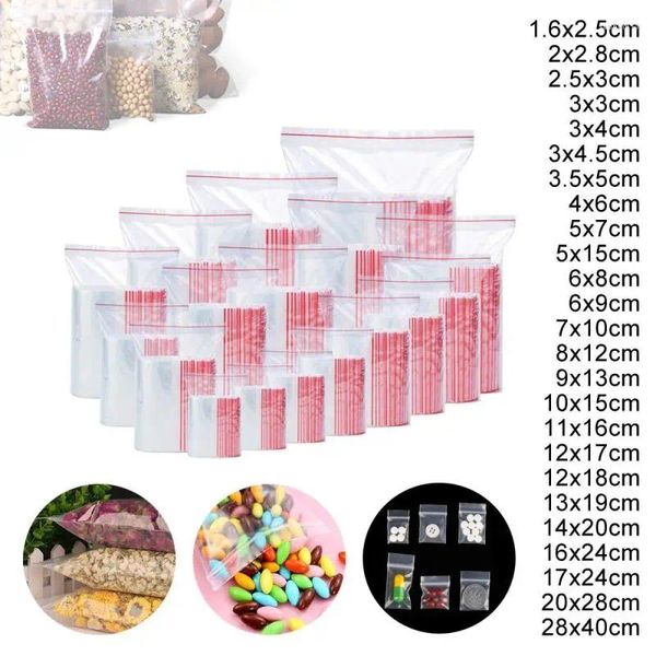 Cadeau cadeau 100pcs auto-scellant sac transparent refermable en plastique bord rouge zip poly pour cartes de pos bijoux documents boulangerie cookies bonbons