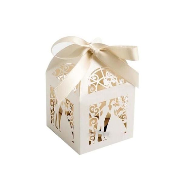 Emballage cadeau 100 pièces/ensemble boîtes de faveurs de mariage évider papier boîte à bonbons avec ruban mariée bébé douche décoration fournitures