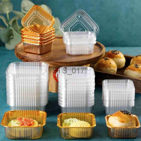 Emballage cadeau 100pcs plateaux à gâteaux de lune carrés Mooncake boîte d'emballage pâtisserie accessoires décoratifs boîte à gâteaux en plastique doré pour boîtes de bouffées de jaune d'oeuf x0713