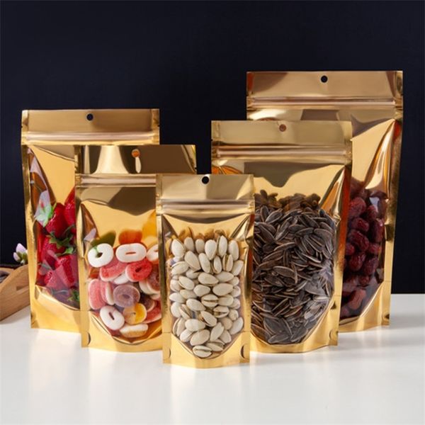 Emballage cadeau 100pcs Stand up refermable clair avant or fermeture à glissière sac d'emballage fait à la main collation maïs café chocolat fruits secs cadeaux pochettes 220913