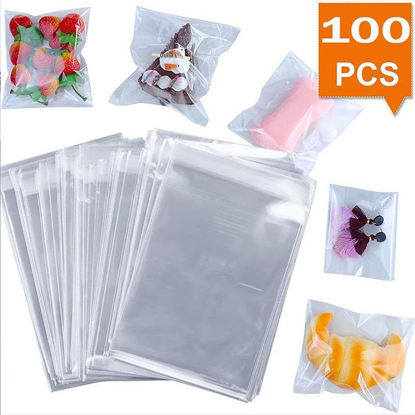 Emballage cadeau 100pcs transparent auto-scellage petits sacs en plastique bijoux emballage adhésif cookie bonbons sac d'emballage