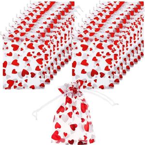 Emballage cadeau 100pcs Saint Valentin coeur sacs en maille pochettes à cordon pour bijoux Bracelets emballage bonbons fête faveur pochette de rangement