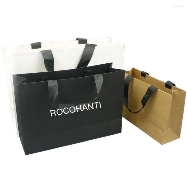 Cadeau cadeau 100x en gros personnalisé imprimé votre propre logo blanc brun noir carton papier sacs à provisions avec poignées de ruban