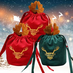 Geschenkwikkeling 1020pcs Kersttassen Velvet Drawstring Presenteert Elk Antlers rendierpakking voor Xmas Party Gunst Wikkel Decor 230206