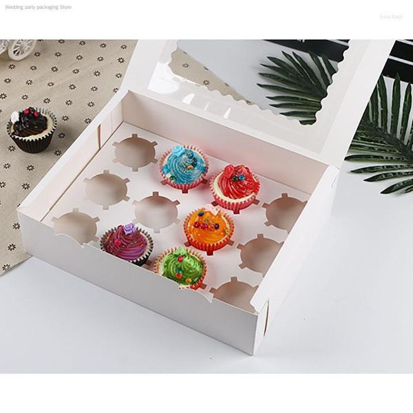 Cadeau cadeau 10pcs 12 tasse muffin cupcake papier kraft boîte à gâteau faveur de mariage fête d'anniversaire dessert support d'emballage dans le trou rond blanc