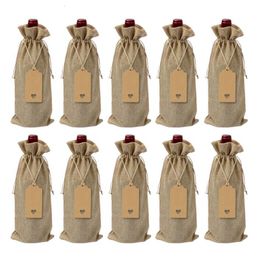 Cadeau cadeau 10pcs 12pcs rustique jute toile de jute sacs de vin cordon bouteille couvre paquet réutilisable 230209