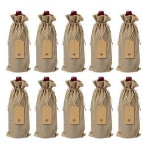 Cadeau cadeau 10pcs 12pcs rustique jute toile de jute sacs de vin cordon bouteille couvre paquet réutilisable 230209