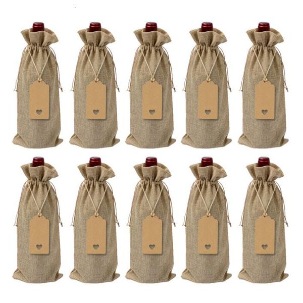 Cadeau cadeau 10pcs 12pcs rustique jute toile de jute sacs de vin cordon bouteille couvre paquet réutilisable 230209