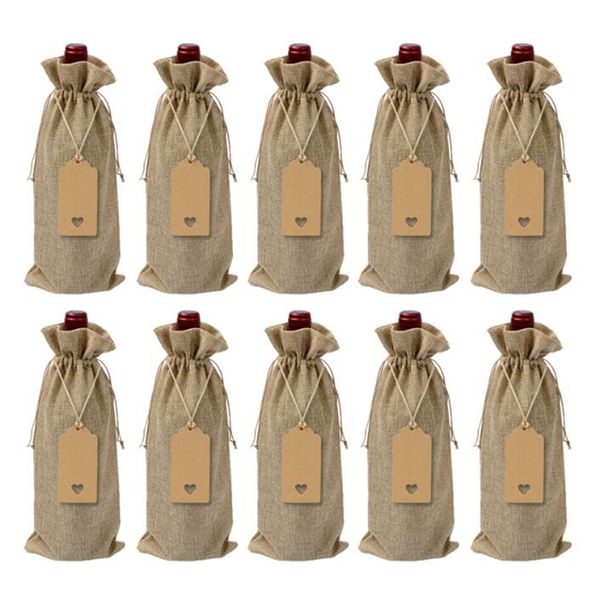 Emballage cadeau 10pcs / 12pcs Sacs à vin rustiques en toile de jute avec cordon de serrage Couvre-bouteilles réutilisables Emballage cadeau Sacs à vin 220913