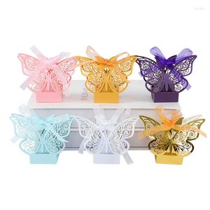 Papel de regalo 10 Uds. Caja de dulces de Chocolate hueca cortada con láser de mariposa embalaje con cinta decoración de boda suministros para fiestas