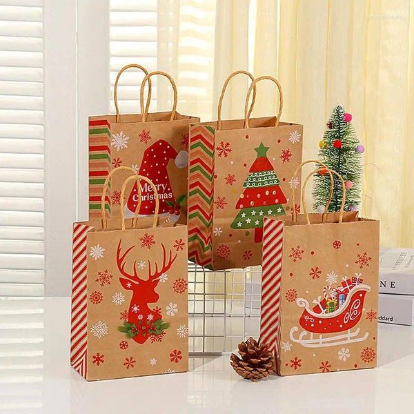 Envoltura de regalo 10 unids Bolsa de regalos de Navidad con asa Bolsas de papel Kraft Santa Claus Muñeco de nieve 2023 Fiesta de Navidad Caramelo Galleta Presente Decoración