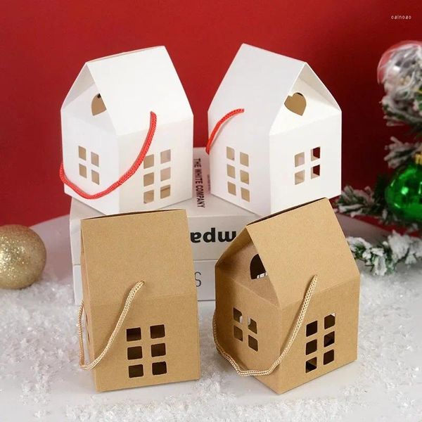 Envoltura de regalo 10 unids Forma de casa de Navidad Cajas de dulces 2024 Año Embalaje Caja de papel Bolsa para árbol de Navidad Colgante Decoración del hogar Navidad