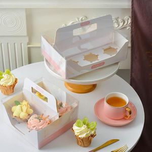 Confezione regalo 10 pezzi Scatole per cupcake con finestra trasparente per 4/6 tazze Torte con manico Scatola per cibo da asporto per feste di compleanno di Natale