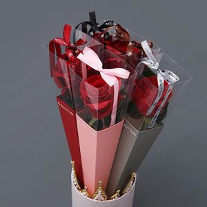 Cadeau cadeau 10pcs couleur unique rose fenêtre transparente boîte bouquet fleur papier d'emballage boîte-cadeau sacs en papier cas pour fleurs saint valentin 231102