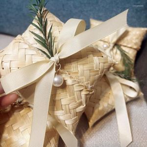 Envoltura de regalo 10 unids Caja de bambú hecha a mano con cinta Perla Hoja verde Encanto Estilo rústico Favor de fiesta de boda Embalaje