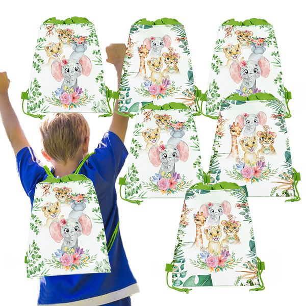 Emballage cadeau 10pcs enfants dessin animé animaux de la jungle sauvage une fête d'anniversaire non-tissé sacs-cadeaux chaîne sac à dos bébé douche décorations de fête 230630