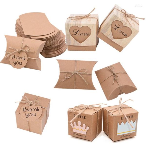 Envoltura de regalo 10 piezas Cajas de dulces de papel Kraft Almohada / Caja cuadrada para baby shower Decoración de cumpleaños Favor de boda rústico Suministros de embalaje