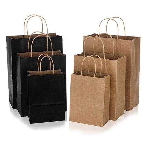 Emballage cadeau 10 Pcs/lot sacs noirs et marron avec poignées boîte d'emballage en papier Kraft recyclable fournitures de décoration de fête prénatale