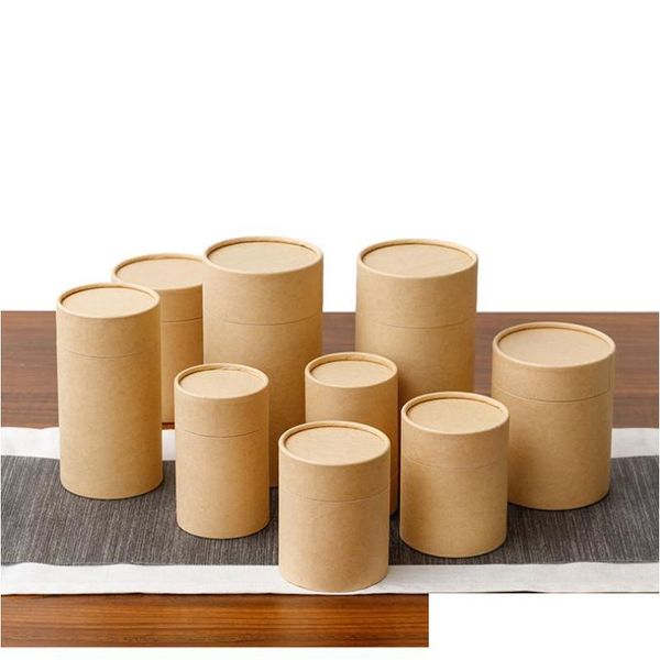 Envoltura de regalo 10 Unids / lote Tubo de papel Kraft Cilindro redondo Caja de contenedor de té y café Embalaje de cartón biodegradable para Ding / T Shirt / Ince Dhtd9