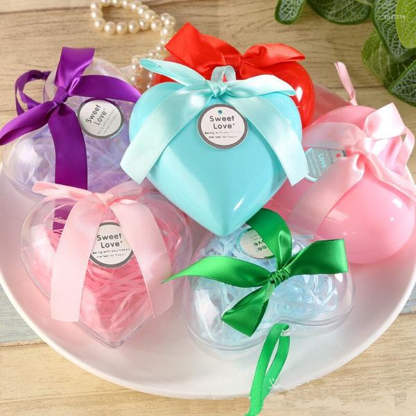 Emballage cadeau 10 pièces/lot boîte à bonbons en plastique Transparent en forme de coeur décoration de mariage faveur de fête douce avec ruban