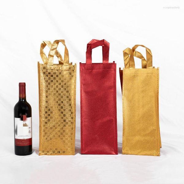 Cadeau cadeau 10pcs non-tissé d'or à carreaux double bouteille unique sac de vin rouge film couvrant la poignée de la main pochette champagne boisson sacs de bière