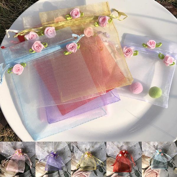 Cadeau cadeau 10pcs sacs d'organza 3D fleur pochette de cordon de bonbons fête de mariage goodie emballage petites pochettes paquet de bijoux