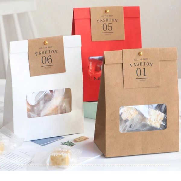 Envoltura de regalo 10 unids Bolsas de embalaje con paquete de ventana transparente Regalos Pastel de caramelo para la fiesta de cumpleaños de la boda Papel Kraft Bolsa para llevar