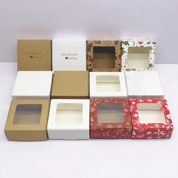 Envoltura de regalo 10 unids Caja de paquete de regalos de papel 7.5x7.5x3cm Blanco DIY Ventana de Navidad Caramelo Favores de boda Joyería Suministros de fiesta Envoltura