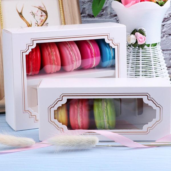 Envoltura de regalo 10 unids Caja de embalaje de papel con ventana transparente Pantalla de cajón delicado blanco Galleta de boda Pastel de caramelo Cajas de macarronesRegalo