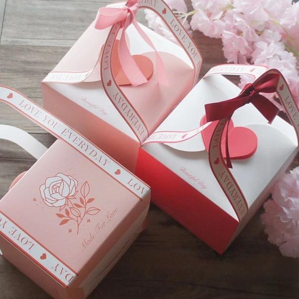 Envoltura de regalo 10 unids Caja de corazón rojo rosa con mango Candy Cookie Chocolate Macaroon Boda Baby Shower Cumpleaños Embalaje