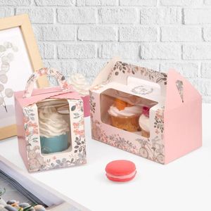 Geschenkomschakeling 10 stks draagbare roze transparante raam cupcake doos met handgreep bakken mousse snoepverpakking binnenbak 1 st 2pcs