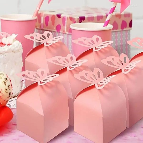 Papel de regalo 10 Uds. Cajas de recuerdo de mariposa rosa púrpura niña Baby Shower caja de dulces decoración fiesta cumpleaños boda pequeño