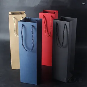 Cadeau cadeau 10pcs sac à main de vin rouge bleu longue bande emballage sacs en papier simple et double bouteille épaissie poche de couleur unie