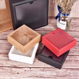 Geschenkomschakeling 10 stks vierkante kraft papier flip doos transparant mat pvc cover cover carton candy desserts cosmetische zeepopslagverpakking dozen