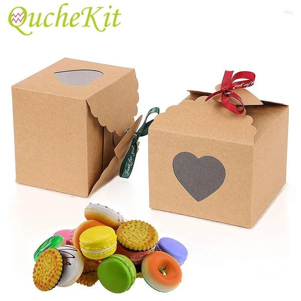 Enveloppe-cadeau 10pcs Boîtes en papier kraft marron blanc carré avec fenêtre en pvc de forme de coeur pour biscuits à gâteau de bonbons