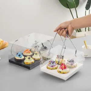 Geschenkomschakeling 10 stcs Transparante cakebox met handvat cupcake bak dessert containerhouder draagbare plastic plastic verpakking