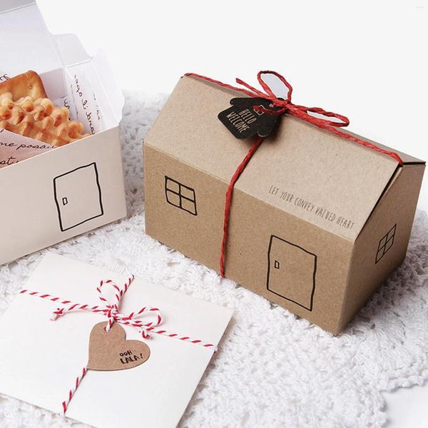 Cadeau cadeau 10pcs blanc brun maison forme boîte de bonbons biscuits paquet avec ruban pour anniversaire mariage fête de Noël fournitures de faveur