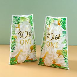 Geschenkomschakeling 10 % Wild One Palm Bladeren Animal Candy Bag Jungle Safari Birthday Party Packaging Bags Kids Baby Shower Decoration Gunsten