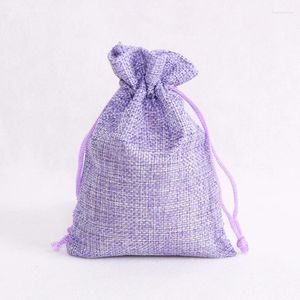 Envoltura de regalo 10x14 cm 10 unids / lote Bolsas de yute púrpura Pequeña bolsa con cordón Favor Joyería / Boda / Embalaje de Navidad Bolsas de lino