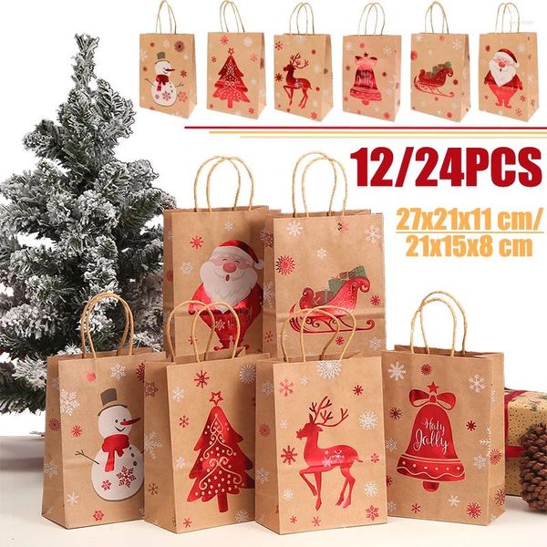 Emballage cadeau 12/24pcs Sac de papier kraft de Noël avec poignée rouge Père Noël Sacs de bonhomme de neige Cookie Emballage de Noël Fête