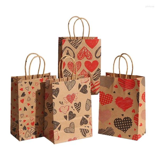 Envoltura de regalo 12/24 unids Kraft Papel Amor Bolsas de corazón con asa Día de San Valentín Favor Compras Bolsa de embalaje Boda