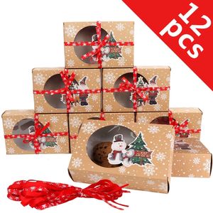 Emballage cadeau 12 paquets de boîtes à biscuits de Noël avec fenêtre Kraft Bakery Papier huilé et rubans Cupcake pour la fête 231120