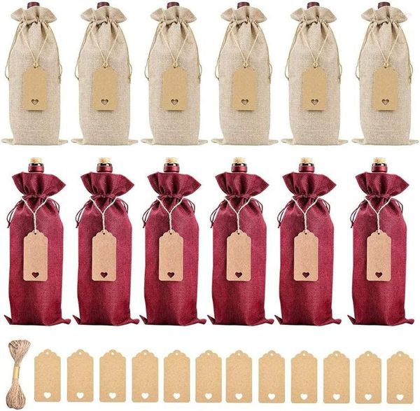 Envoltura de regalo 12 piezas bolso de yute rojo hessian save saving wine withags and cuerdas