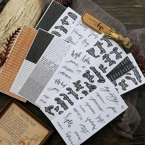 Envoltura de regalo 12 hojas Pegatinas de frases en blanco y negro Planificador de diario basura Palabras vintage Estética Material de álbum de recortes hecho a mano