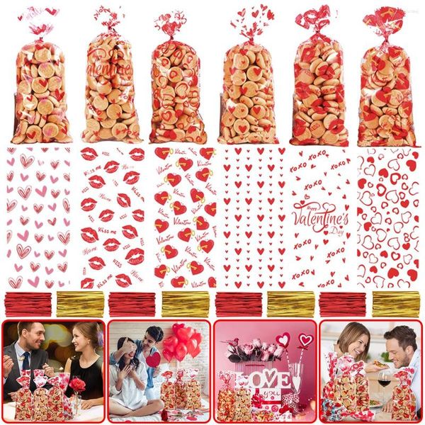 Emballage cadeau 120/180 pièces sacs de friandises en cellophane de la saint-valentin avec des liens torsadés coeur amour sac d'emballage de bonbons pour les fournitures de fête de la saint-valentin