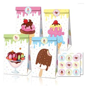 Geschenkomschakeling 12 stks 2023 Tassen Kraft Paper Cookie Candy Bag Cartoon Decorations Mooie ijsje Popsicle kinderdag feestartikelen