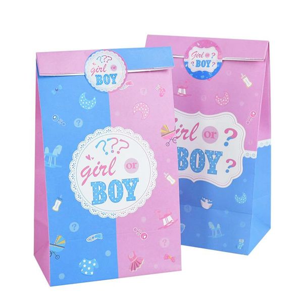 Emballage Cadeau 12pcs Garçon Ou Gril Bonbons Sac En Papier Avec Autocollant Premier Anniversaire Genre Révéler Partie Paquet Fournitures Décoration De Douche De Bébé