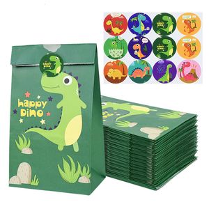 Papier Cadeau 12 Pcs Bande Dessinée Dinosaure Faveur Cadeau Sacs En Papier Avec Autocollants Dino Roar Anniversaire Bonbons Sacs D'emballage Pour Enfants Jungle Party Supplies 230221
